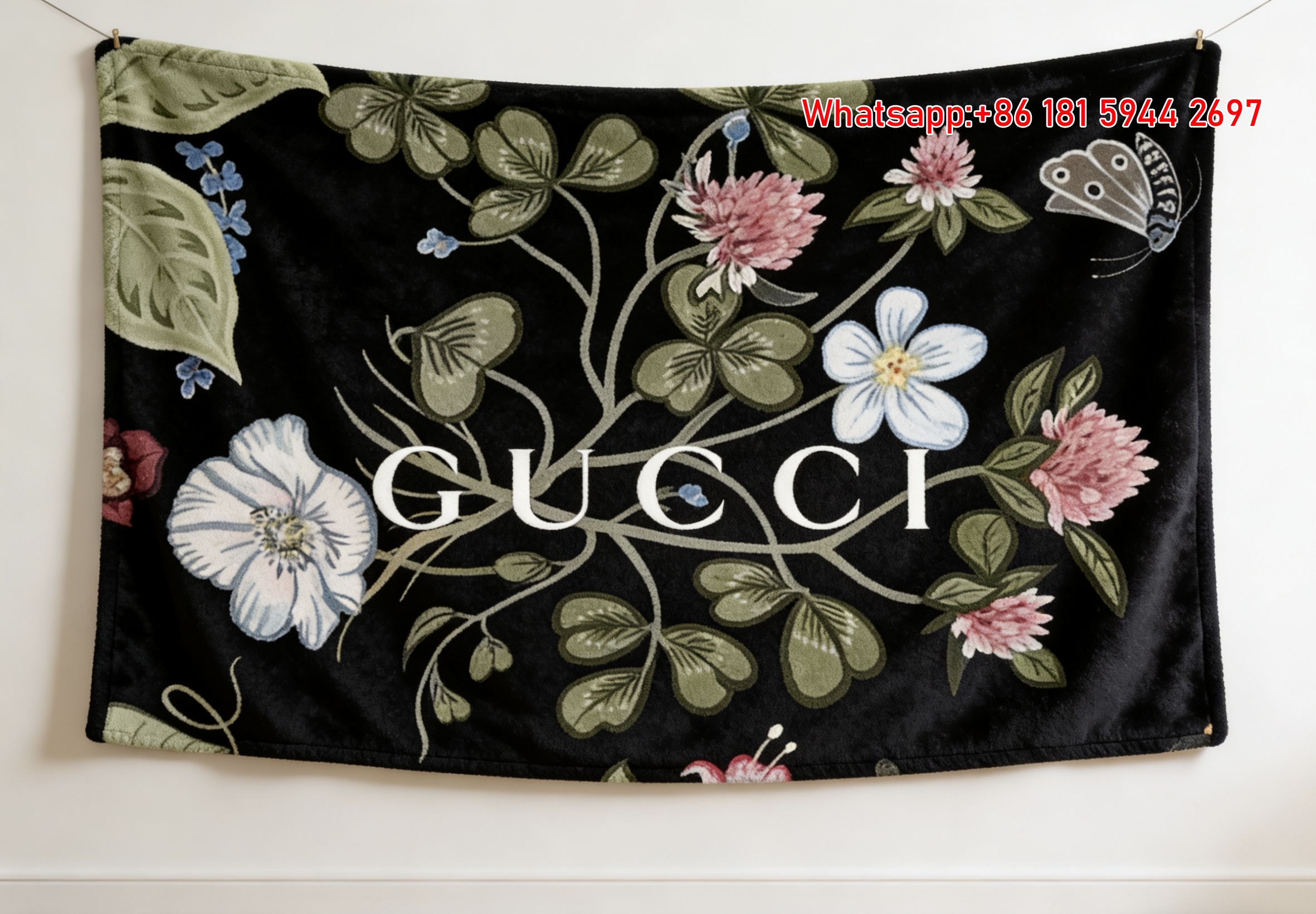 Gucci Black Botanical Floral Flannel Blanket Wall Hanging throw blanket IMG_2402